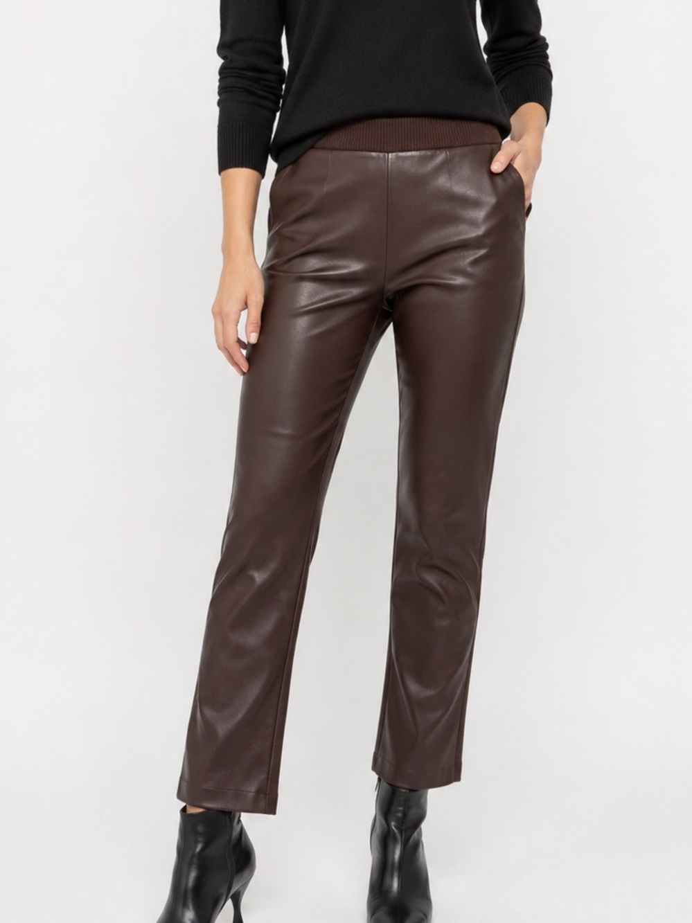 Sioni Milano Brown Faux Leather Knit Pull On Pants Women’s Size S Straight Leg